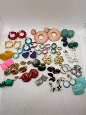 Vintage Lot Of 33 Colorful Clip Earrings Various Sizes Colors Fun Set Everyday